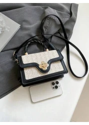 حقيبة يد من القش للسيدات مع غطاء طري ومخرم باللون المتباين والتطريز، حقيبة تسوق أنيقة للسيدات الشابة