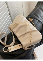 CONTAINEVERY Fashionable Moire Chain Decor Ruched Bag Classic Carryalls Latest Stylish Cloud Sling Bag With Chain Handle And Detachable Strap Beige For Women Rookies White Collar Workers For Teacher G