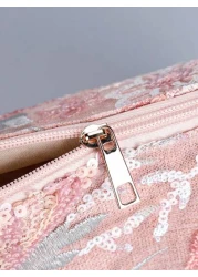 Sequin Embroidery Chain Shoulder Bag Classic Design Embroidery Floral Semicircle Crossbody Bag Women s Fashion Color Contrast Sequin Stitching Zipper Dinner Bag Preferred Bag Type Multi Purpose Bag Ca