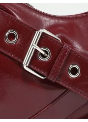 1pc Vintage Wine Red Patent Leather Y2K Gothic Style Shoulder Bag With Rivet Decoration For Women Suitable For Daily Use And Travel Tready Crescent Moon Bag For Women Fashionable Burgundy Bag Retro In