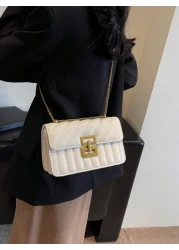 1pc Ladies Embroidery Striped Fashionable Lock Closure Square Bag Purse With Colorful Chain Suitable For Dating And Gift