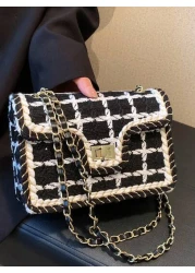 New Simple And Fashionable Black And White Plaid Woolen Single Shoulder Crossbody Small Square Bag Suitable For Women s Vacation Travel Daily Use Dating Gifts