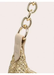 قطعة واحدة، حقيبة نسائية من القش الخفيفة المنسوج بسلسلة معدنية، موضة عصرية عالية الجودة للشاطئ ذات سعة كبيرة