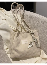 Scarf Letter Patch Decor Textured Square Bagtote Bag Handbag Shoulder BagCasual FashionGeometricLightweight Portable Large CapcityFor Girl For College Students For Woman For Women Rookies White Collar