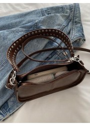 Fashionable Retro Rectangular Handbag Women s Rivet Decor Underarm Tote Bag Classic Zipper Shoulder Bag