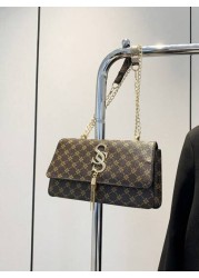 Plaid Rhombus Floral Pattern Flap Baguette Bag For Women Metal Tassel Letter Decor Shoulder Crossbody Handheld Multi Use Commute Bag