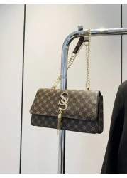 Plaid Rhombus Floral Pattern Flap Baguette Bag For Women Metal Tassel Letter Decor Shoulder Crossbody Handheld Multi Use Commute Bag