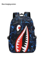 Men s Stylish Shark Mouth Print Backpack Shoulder Bag Contrast Color Letter Leaf Print Versatile College Bookbag All Over Random Print Large Capacity Lightweight Nylon Travel Bag Water Resistant Fits