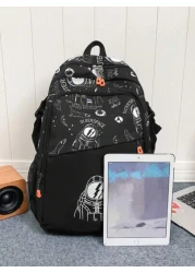 1pc Unisex Nylon Space Boy Printed Backpack With Letter Print Zip Closure Fashionable Casual Shoulder Bag For School