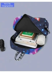 Men s Fashionable Starry Sky Print Backpack Stylish Shark Mouth Print Bookbag With Random All Over Print USB Charging Port Large Capacity Lightweight Nylon Travel Bag University Commute Backpack Fits