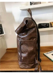 Backpack Flap Backpack Leather Backpack Large Capacity Oversized For Business Office Supplies Outdoor PU Leather Business Vintage Solid Color Men Gifts