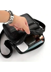 1PC Premium Black Genuine Leather Satchel Sleek Multi Purpose With Adjustable Strap Ideal For Everyday Style Function Shoulder Crossbody Sling Side Bag Work Weekend Travel Camping Summer Portable Slin