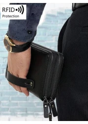 محفظة رجالية مانعة للقراءة لأجهزة RFD ذات لون أحادي بسيط مع معصم، حقيبة يد مصنوعة من جلد صناعي عصري مفرغة ذات طب