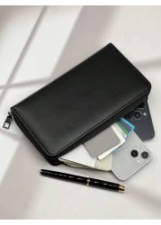 New Waxed Leather Long Zip Clutch Bag Spacious Casual Fashion Gifts Fall Christmas Scream Men Bag Wallet Hand Bag Men Zipper Bag Fashionable Casual Thanksgiving Travel Winter Purse Holiday Wash Bag Ol