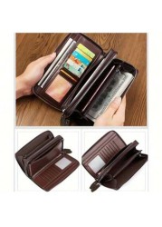 Hot New Retro Large PU Leather Wallet Double Zipper Clutch Long Leather Phone Purse Business Hand Clutch Bag Card Holder Travel Must Haves Wristlet Wallet Purse Essential Items Men Christmas Gifts Gif