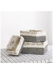 مجموعة من 3 سلال تخزين منسوجة صديقة للبيئة - صناديق مستطيلة متينة بإطار بلاستيكي قوي وبطانة قماشية قابلة للإزالة، مثالية لتنظيم الأغراض الصغيرة، الألعاب، الكتب، أدوات التجميل، وأكثر - رمادي