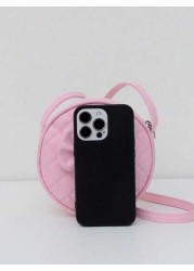 1pc Girl Pink PU Shoulder Bag With Bowknot Decor Fashionable Casual Small Round Crossbody Bag With Zipper Closure Suitable For Daily Use All Season