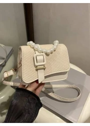 1pc Pu Fashion Splicing Pearl Chain Handbag Korean Princess Fashion Small Square Bag Flip Magnetic Buckle Closure Strap Decoration Niche Design Suitable For Daily Use When Shopping Sweet And Literary