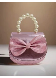 Children s Fashionable Pearl Handbag Holiday Gift PU Leather Butterfly Decor Round Pouch Stylish Princess Mini Purse For Girls