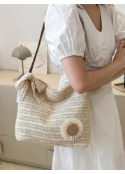 Flower Decor Double Handle Vacation Large Capacity Bag Perfect For Summer Travel Vacation Summer Perfect For Vacation Holiday School Bag Large Capacity Portable For Teen Girls Women College Students W