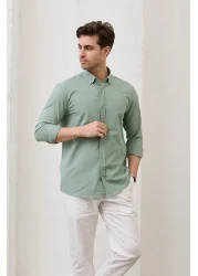 RAVANELLI Sarte - Men's Khaki Slim Fit Slim Fit Button Collar Linen Look 100% Cotton Flared Shirt