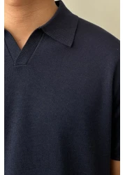 Tarz Cool تي شيرت تريكو رجالي باللون الأزرق الداكن بأكمام قصيرة وياقة بولو