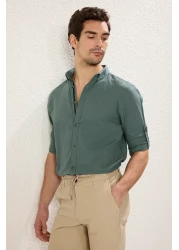  Collection Dark Green Slim Fit Epaulettes Shirt - Long Sleeve, 100% Cotton, Tmnss20Go0189