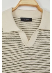  Collection Limited Edition Beige - Khaki Striped Relaxed Short Sleeve Polo Neck Knitwear T-Shirt Tmnss23Po00026