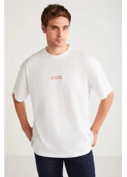 GRIMELANGE Vıto Men's - Embroidery Text Detailed, 100% Organic Cotton, Oversize Short Sleeve White T-Shirt