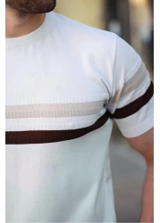 Madmext White Crew Neck Striped Men's T-Shirt E7412