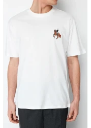  Collection Ecru Animal Embroidery Oversize Cotton T-Shirt - Short Sleeve Tmnss24Ts00089