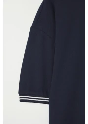  Collection Navy Blue Embroidered Oversize Knitwear T-Shirt - Tape Detail, Textured Tmnss25Ts00019