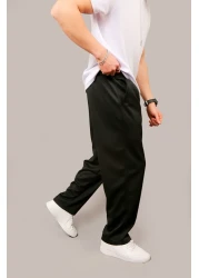 INFLUYENTE Men's Black Baggy Cut Pique Fabric Waist Elastic Pocket Detailed Trousers Sweatpants