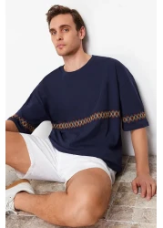  Collection Navy Blue Oversize Embroidered Cotton T-Shirt - TMNSS21TS1889