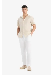 Defacto 100% Cotton Linen Look Trousers Elastic Waist Slim Fit Slim Fit Pocket Straight Leg D2671Ax25Sm