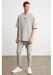 GRIMELANGE Project Men - تي شيرت رمادي كبير الحجم برقبة دائرية 100% قطن عضوي