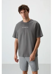 Air Jones Dark Gray Cotton Thick Surface Textured Oversize Fit Printed Men's T-Shirt - 88364