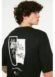  Collection Black Oversize/Wide Cut Crew Neck Back Printed 100% Cotton Short Sleeve T-Shirt Tmnss21Ts1223