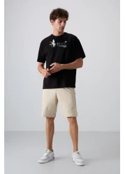 Tommy Life تي شيرت رجالي من القطن الأسود السميك الناعم المطبوع مقاس كبير - 88344