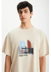GRIMELANGE Lexoro Men's 100% Cotton Crew Neck Printed Beige T-Shirt
