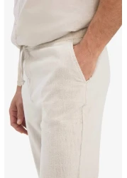 Defacto 100% Cotton Linen Look Trousers Elastic Waist Slim Fit Slim Fit Pocket Straight Leg D2671Ax25Sm