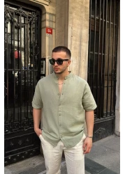 Livio Ferri قميص Mingan رجالي صيفي من القطن بياقة واسعة وأكمام قصيرة وأزرار مريحة