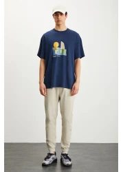 GRIMELANGE RAMADANP007 Men's 100% Cotton Crew Neck Printed Navy Blue T-Shirt