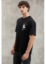 GRIMELANGE Bowen Men's 100% Cotton Crew Neck Printed Detailed Black T-shirt