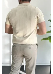 Edwox Men's Half Zip Polo Neck T-Shirt Cream Edw257