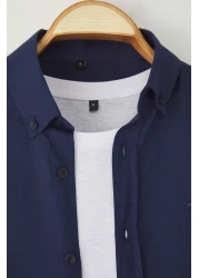  Collection قميص أكسفورد ذكي مطرز باللون الأزرق الداكن وسهل الكي TMNAW24GO00089