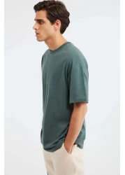 GRIMELANGE Jett Men's Oversize Fit 100% Organic Cotton Thick Textured Crew Neck Dark Green T-Shirt