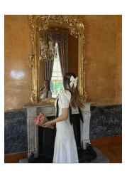 FMN Moda V-Neck Wide-Sleeved Skirt - Bow and Stitching Detail