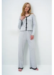 Trend Alaçatı Stili Grimelanj Wide Collar Scallop Detailed Bow Embroidered Blouse and Palazzo Pants Pajamas Suit Alc-X14066