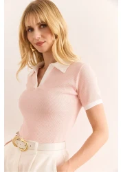 Olalook Women's Salmon White Polo Neck Color Detailed Stretchy Cotton Blouse Blz-19002920